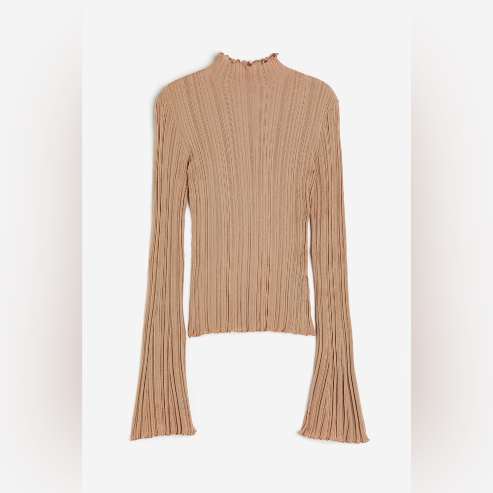 H&M Ribbed Long-Sleeve Top in Tan size small
